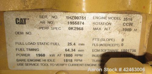 Used Caterpillar 2000 kW Standby / 1825 kW Prime Diesel Generator Set. CAT 3516 engine rated 2628 hp @ 1800 rpm, SN-1HZ00751. SR4B3/60/480V. 3000 Amp breaker. EMCP II control. Dual jacket water heate...