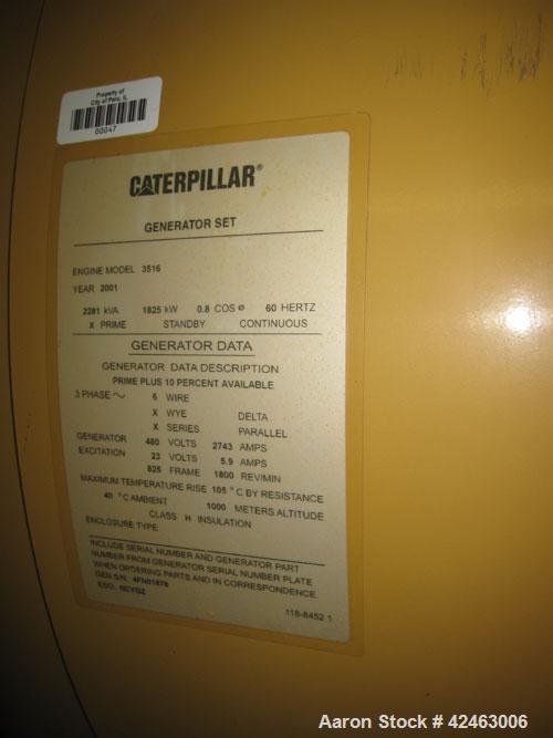 Used Caterpillar 2000 kW Standby / 1825 kW Prime Diesel Generator Set. CAT 3516 engine rated 2628 hp @ 1800 rpm, SN-1HZ00751. SR4B3/60/480V. 3000 Amp breaker. EMCP II control. Dual jacket water heate...
