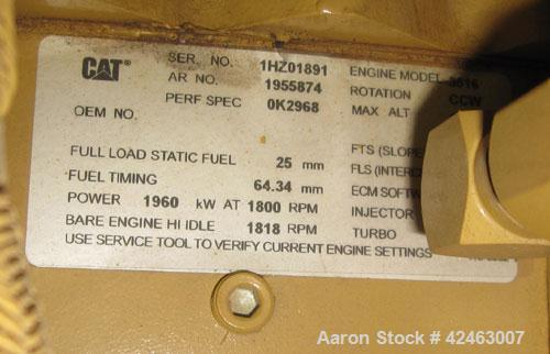 Used Caterpillar 2000 kW Standby / 1825 kW Prime Diesel Generator Set. CAT 3516 engine rated 2628 hp @ 1800 rpm, serial #1HZ01891. SR4B3/60/480V. 3000 Amp breaker. EMCP II control. Dual jacket water ...