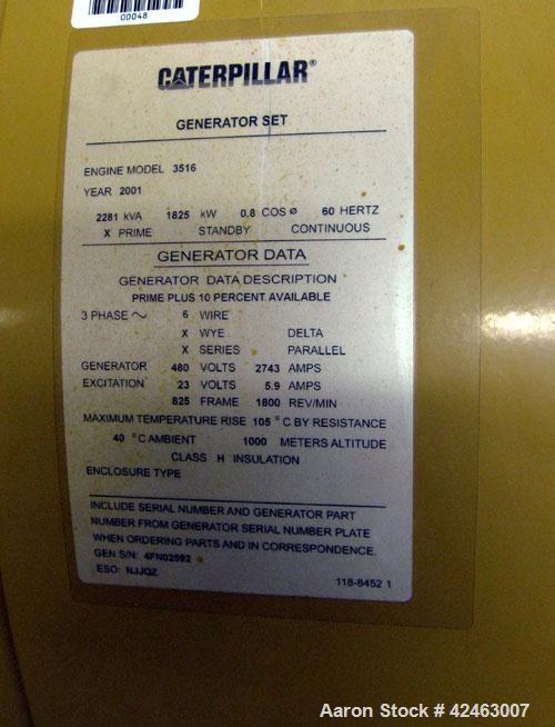 Used Caterpillar 2000 kW Standby / 1825 kW Prime Diesel Generator Set. CAT 3516 engine rated 2628 hp @ 1800 rpm, serial #1HZ01891. SR4B3/60/480V. 3000 Amp breaker. EMCP II control. Dual jacket water ...