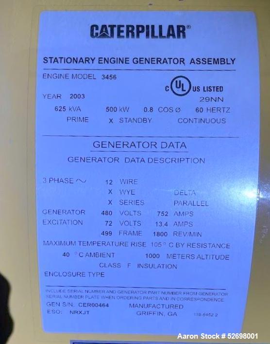 Used Caterpillar 500 kW standby diesel generator set, SN-CER00464. CAT 3456 engine rated 764 HP at 1800 RPM, 3/60/277/480V, 12 lead reconnectable to other voltages. 800 Amp main-line circuit breaker....