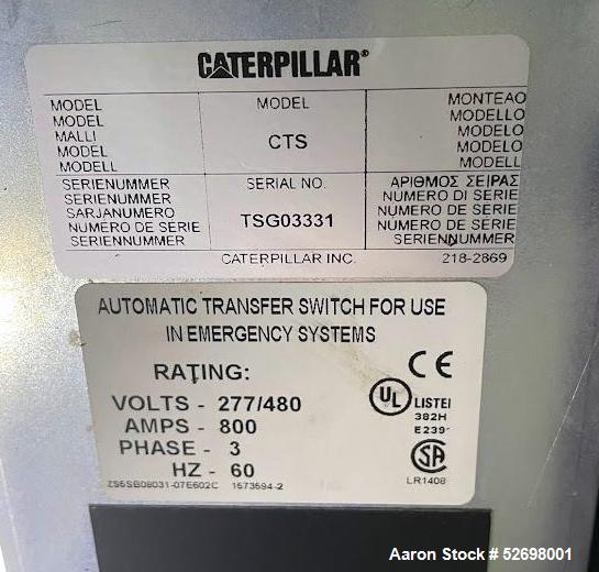 Used Caterpillar 500 kW standby diesel generator set, SN-CER00464. CAT 3456 engine rated 764 HP at 1800 RPM, 3/60/277/480V, 12 lead reconnectable to other voltages. 800 Amp main-line circuit breaker....