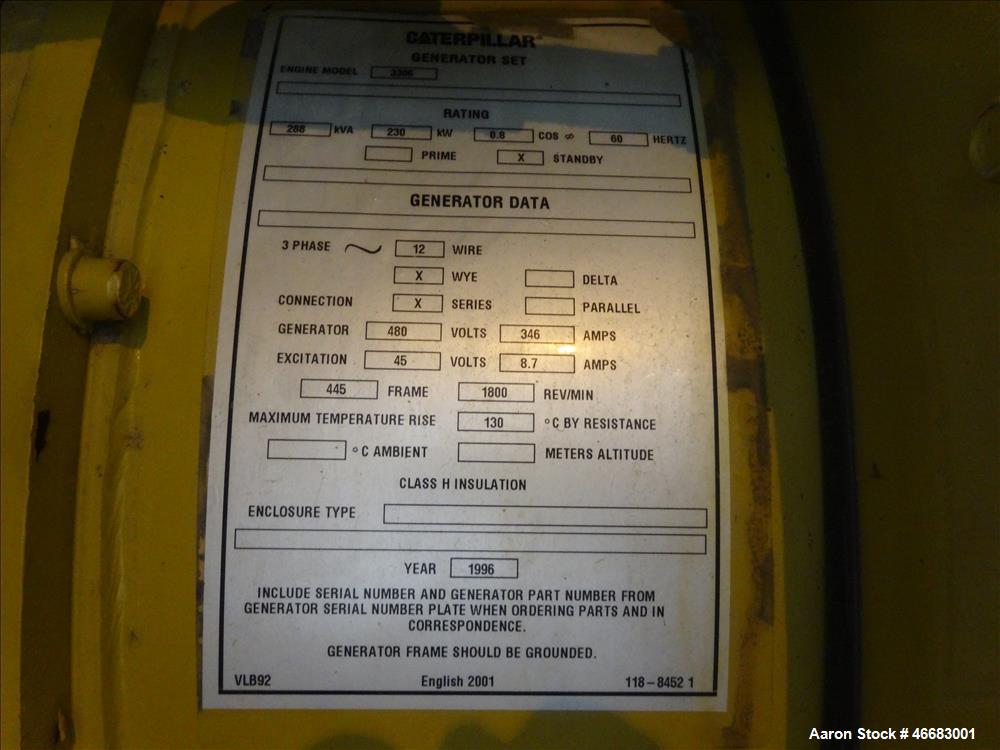 Used Caterpillar 230 kW diesel generator. CAT 3306 engine SN-9NR01316