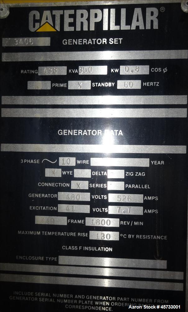Used Caterpillar 350kW standby diesel generator set, Cat 3406 engine rated 519 HP at 1800 RPM, SN-4RG00872. 3/60/277/480V. 600 Amp main-line circuit breaker. Weather enclosure. Approx 200 gallon sub-...