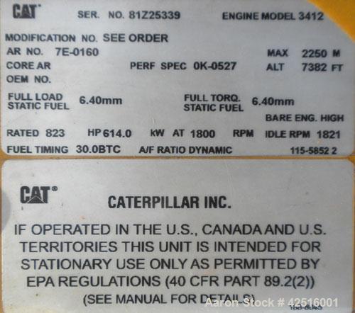 Used CAT 500 kW continuous diesel generator set. Caterpillar model 3412 engine, serial #81Z25339, rated 823 hp @ 1800 rpm. 3/60/277/480 volt, Kato generator model A270920001, serial #14197. Self stan...