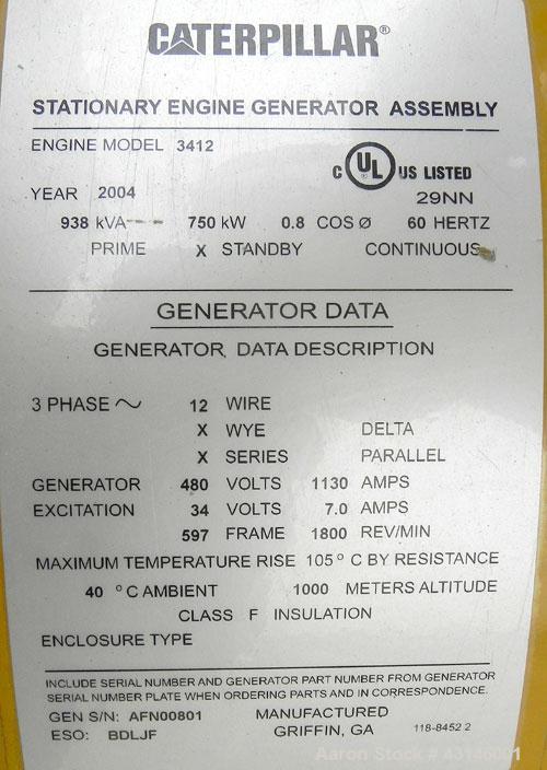 Used Cat 750kW Standby Diesel Generator Set. Cat model 3412 engine rated 1109 hp at 1800 rpm, serial #1EZ06388. 3/60/480V 12 wire. EMCP II+ digital control. UL 2200 listed package. 1600 Amp main-line...