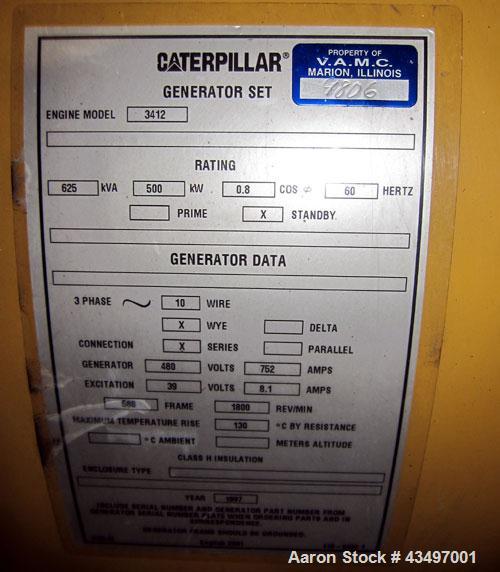 Used CAT 500 kW Standby Diesel Generator Set. Caterpillar 3412 engine rated 749 HP @ 1800 RPM, SN-81Z20462. 3/60/480V. Coolant heater. Pryco day tank. Muffler (ships loose). 574 Hours. Year 1997. CAT...