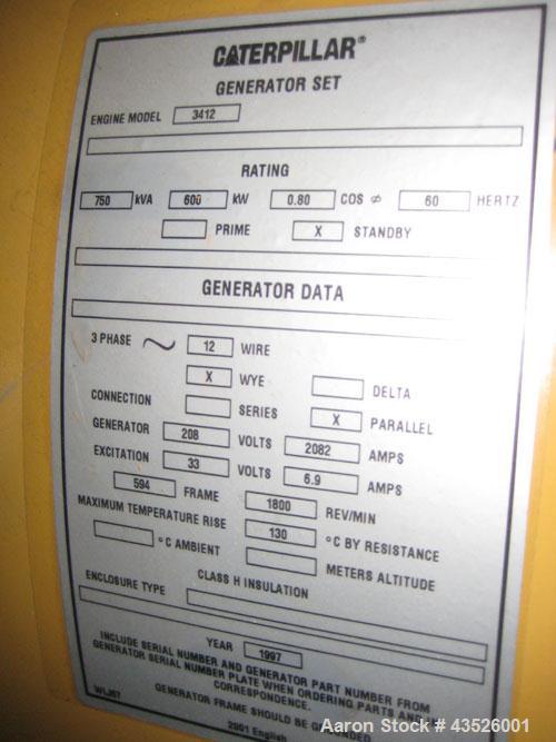 Used Caterpillar 600 kW Standby Diesel Generator Set. CAT 3412 engine rated 896 hp @ 1800 rpm, serial # 81Z21452. 3/60/208/277/480V 12 lead re-connectable. EMCP II digital control panel. 1000 gallon ...