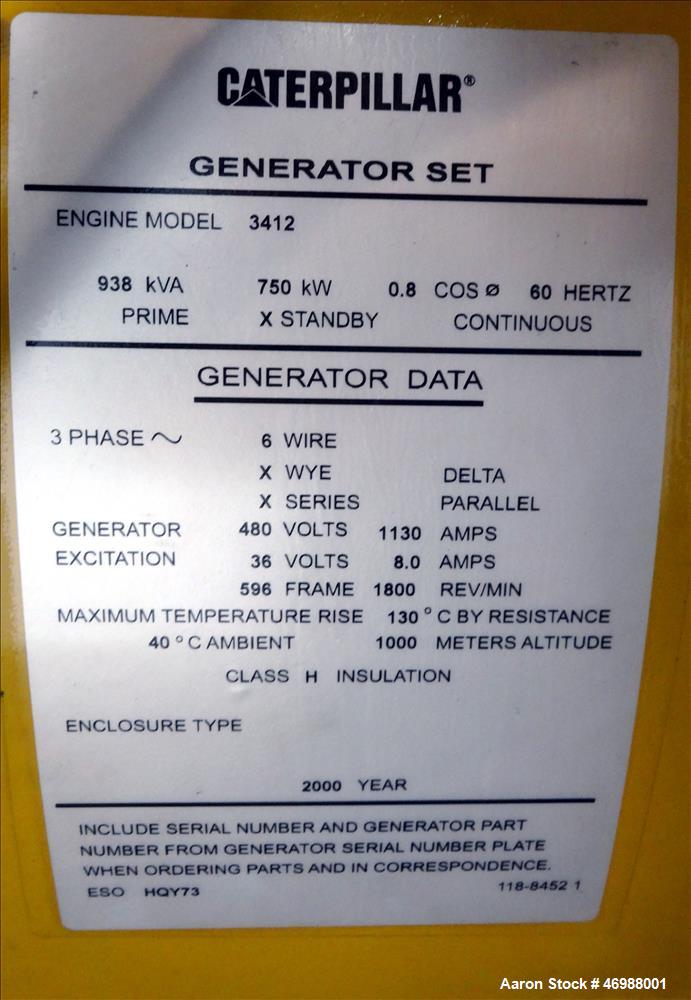 Used- Caterpillar 750 kW diesel generator set. CAT 3412 engine.