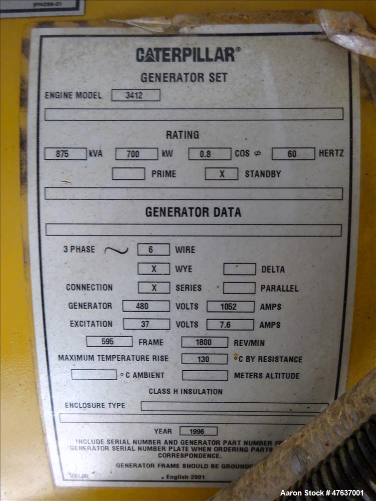 Used Caterpillar 700 kW diesel generator. CAT 3412 engine SN-2WJ00992.