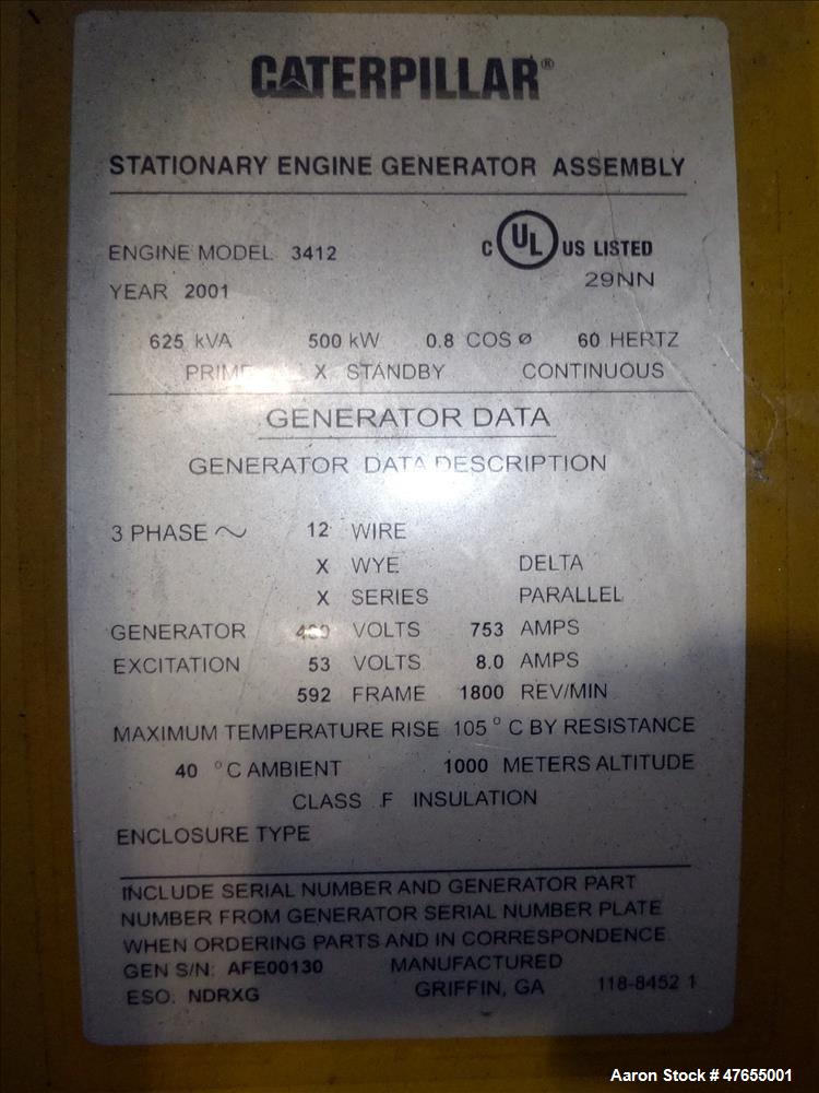 Used- CAT 500 kW diesel generator. Caterpillar 3412 engine.