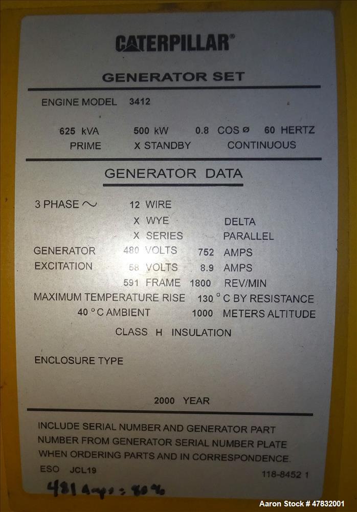 Used CAT 500 kW diesel generator set. Caterpillar 3412 engine