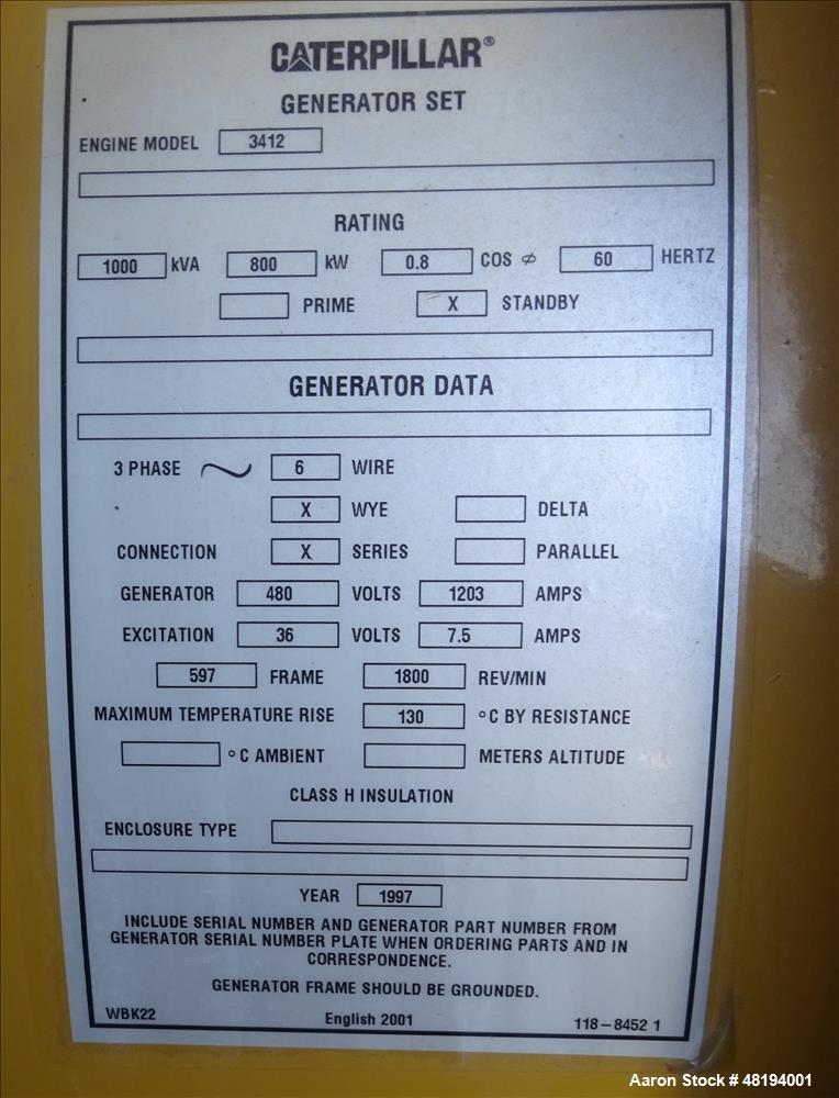 Used Caterpillar 800 kW standby diesel generator set. CAT 3412 engine