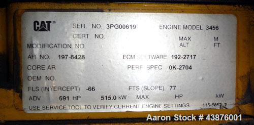 Used Caterpillar 455 kW Prime Rated Diesel Generator Set, portable trailer. CAT unit serial #CER00613. Caterpillar 3456 engine rated 691 HP at 1800 RPM, emissions EPA Tier 1 certified, SN-3PG00619. 3...