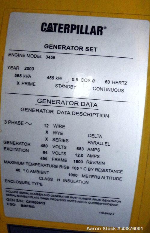 Used- Caterpillar 455 kW Prime Rated Diesel Generator Set, portable trailer. CAT unit serial #CER00613. Caterpillar 3456 eng...