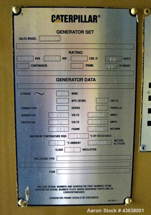 Used Caterpillar 1000 kW Standby Diesel Generator Set. CAT 3508B engine rated 1489 hp @ 1800 rpm, SN-4GM00549. 3/60/480V. Model SR-4B generator end, serial #2GM00910. 2000 Amp mainline circuit breake...