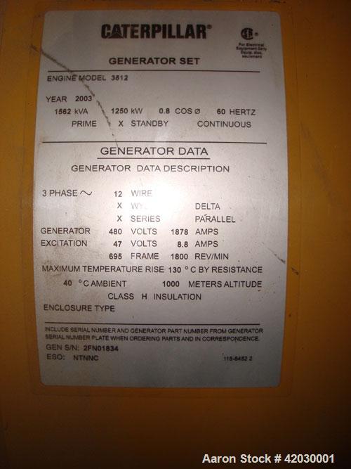 Used Caterpillar 1250 kW Diesel Generator Set. CAT model 3512DITA diesel engine rated 1818 HP @ 1800 RPM SN-1KZ01076, arrangement 1979048.Unit SN-CMJ00586. CAT model SR4 generator end serial 2FN01834...
