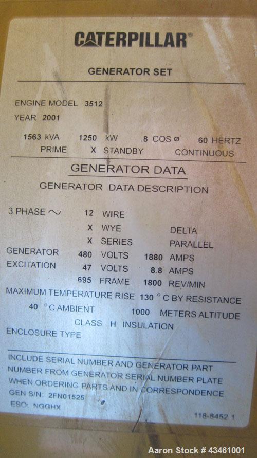 Used Caterpillar 1250 kW Standby Diesel Generator Set. CAT 3512 engine rated 1818 HP at 1800 RPM, SN-1KZ00480. Package SN-CAT00000CMJ00227. SR4B 3/60/480V, SN-2FNO1525, 12 wire reconnectable with PMG...
