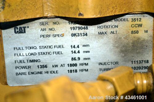 Used Caterpillar 1250 kW Standby Diesel Generator Set. CAT 3512 engine rated 1818 HP at 1800 RPM, SN-1KZ00480. Package SN-CAT00000CMJ00227. SR4B 3/60/480V, SN-2FNO1525, 12 wire reconnectable with PMG...