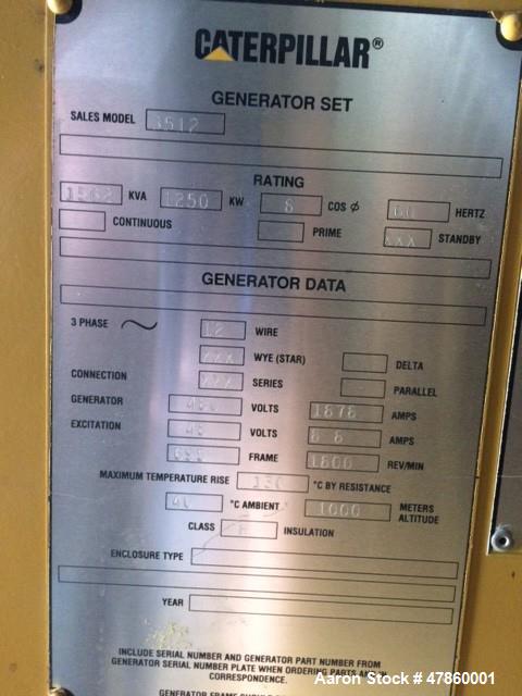 Used CAT 1250 kW standby diesel generator. Caterpillar 3512 engine