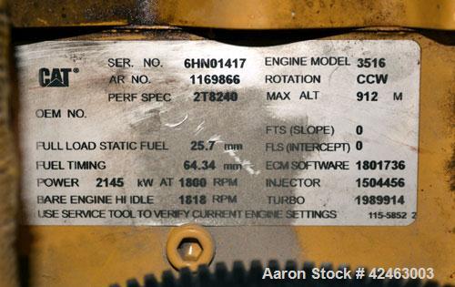 Used Caterpillar 2000 kW Standby /1825 kW Prime Diesel Generator Set. CAT 3516 engine rated 2876 HP at 1800 RPM, SN-6HN01417. SR-4B HV. 3/60/13800V. Reconnectable to 12470V or 13200V. EMCP II control...
