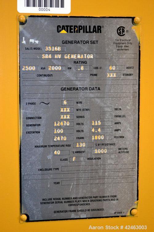 Used Caterpillar 2000 kW Standby /1825 kW Prime Diesel Generator Set. CAT 3516 engine rated 2876 HP at 1800 RPM, SN-6HN01417. SR-4B HV. 3/60/13800V. Reconnectable to 12470V or 13200V. EMCP II control...