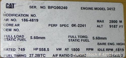 Used CAT 500kW diesel generator set. Caterpillar 3412 DITTA engine, serial #4RJ00640, rated 749 hp at 1800 rpm. 3/60/277/480V. EMCP II control panel. Battery charger.Block heater. 800 Amp mainline ci...