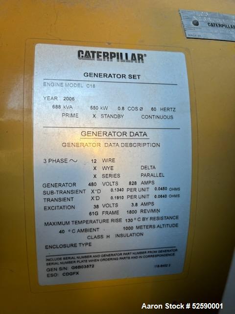 Used Caterpillar Generator Set, 550 KW / 688 KVA,  241 Hours, Diesel