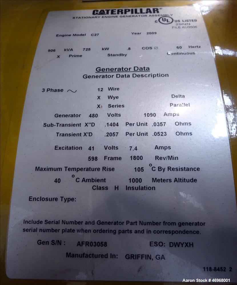 Unused Caterpillar 800 kW diesel generator set, CAT C27 engine EPA Tier 2 certif
