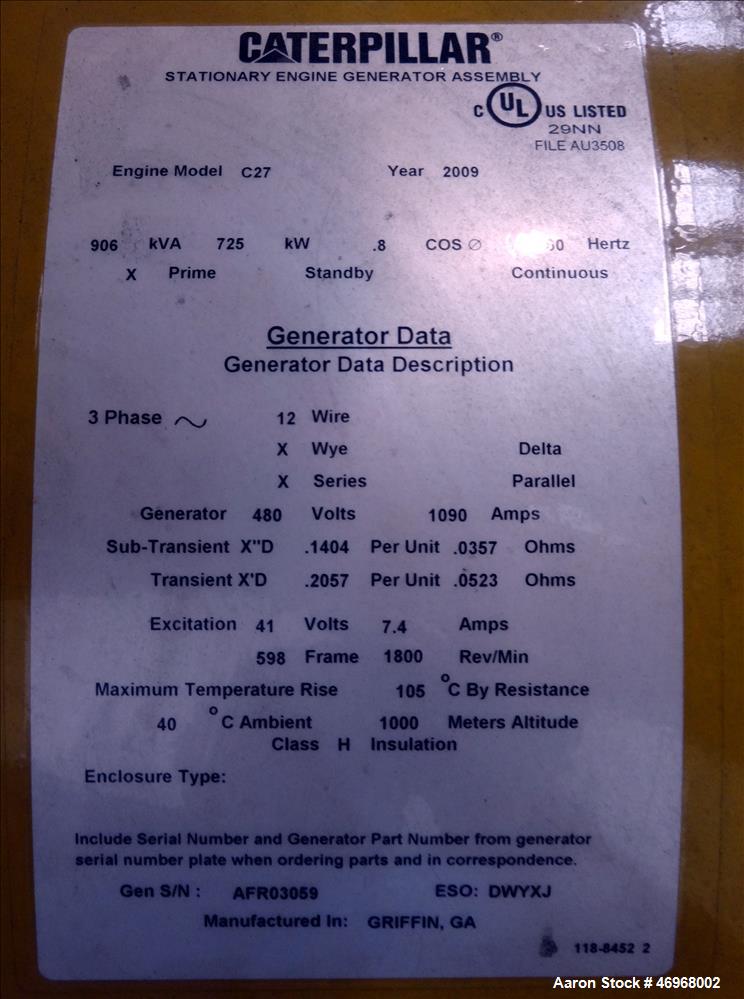 Unused Caterpillar 800 kW diesel generator set, CAT C27 engine EPA Tier 2 certif