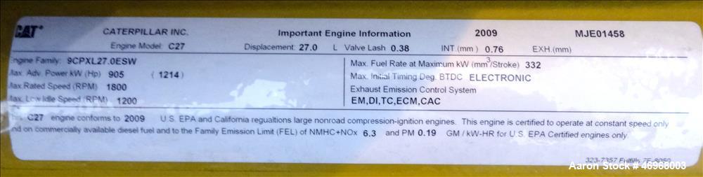 Unused Caterpillar 800 kW diesel generator set, CAT C27 engine EPA Tier 2 certif