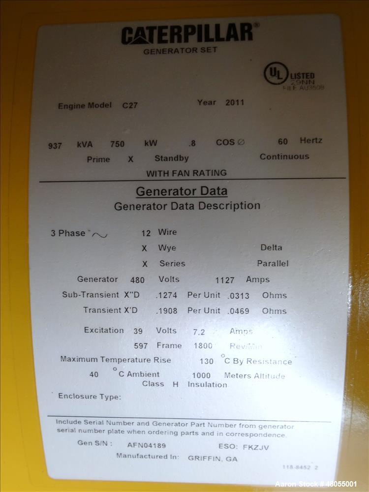 Used Caterpillar 750 kW Standby Diesel Generator Set, SN-DWB02800.