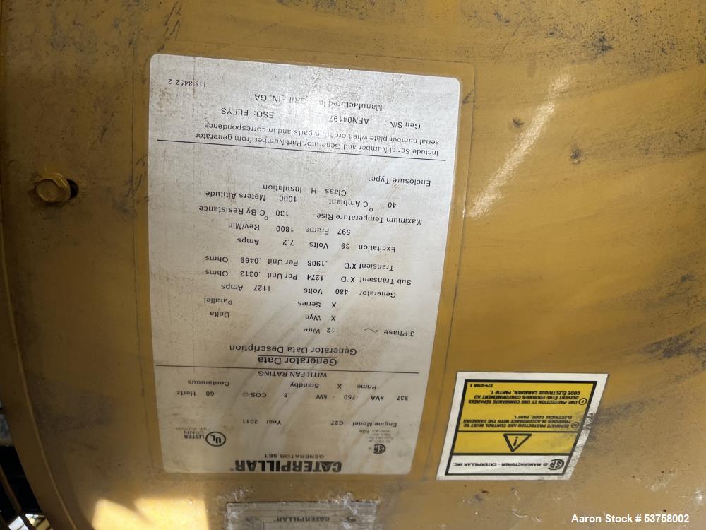 Used Caterpillar 750 kW standby (680 kW prime) diesel generator set, SN-DWB02826. CAT C27 engine rated 1068 HP at 1800 RPM, SN-MJE02825, EPA Tier 2 emissions. 3/60/277/480V, 12 lead reconnectable to ...