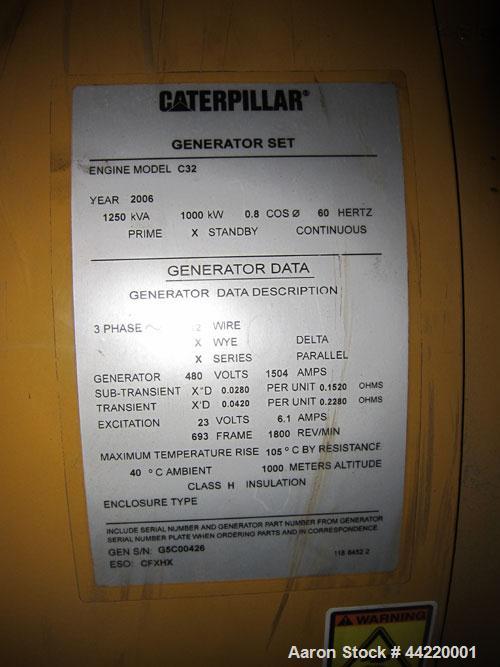 Used CAT 1000kW standby diesel generator set, portable / trailer mounted, SN-SXC00745. Caterpillar C32 engine rated 1502 HP @ 1800 RPM, SN-SYC00594, emissions EPA Tier 2 certified. 3/60/480V. SR4B-GD...