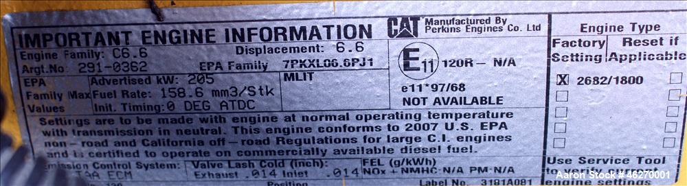Used Caterpillar 150 kW standby (135 kW prime) diesel generator set, model D-150-8, CAT00C66JN6D00269. CAT C6.6 engine rated 230 HP at 1800 RPM, SN-E6M00879, EPA tier 3 certified. 3/60/277/480V. 250 ...