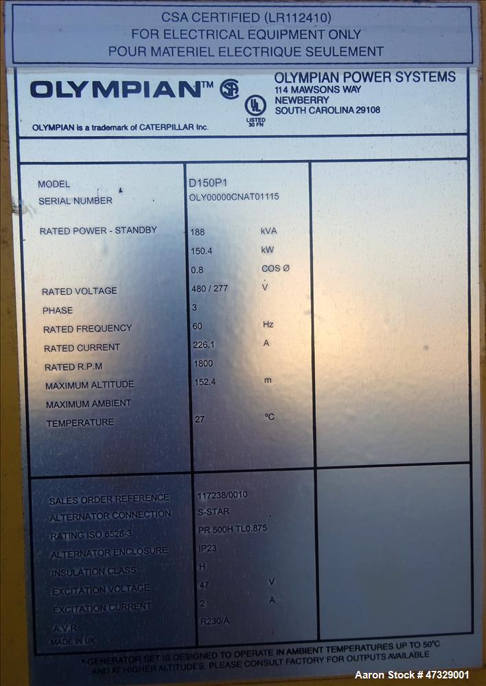 Used- Caterpillar / Olympian 150 kW standby diesel generator set, model D150P1,