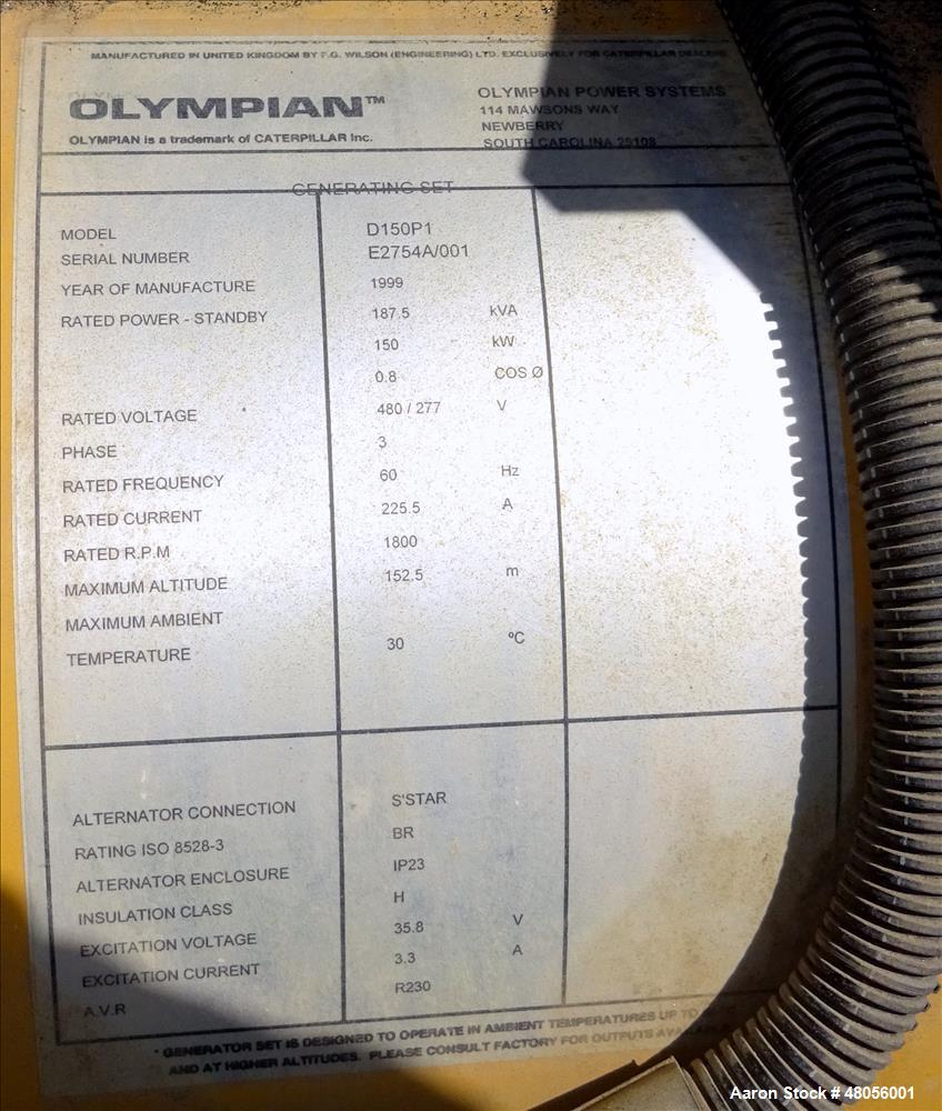 Used Caterpillar / Olympian 150 kW diesel generator model D150P1. Perkins engin