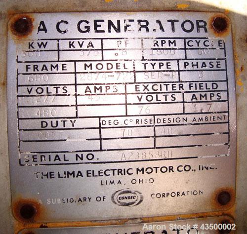 Caterpillar 300 kW diesel generator set, CAT D346 engine rated 550 HP @ 1800 RPM SN-39J771. 3/60/277/480V. Lima Alternator SN- A23858RH. Muffler ships loose. 770 hrs