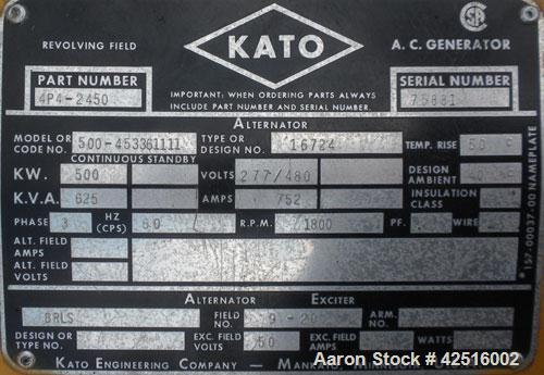 Used CAT 500 kW Diesel Generator Set. Caterpillar model D348 engine, serial #36J2433, rated 805 hp @ 1800 rpm. Generator End: Kato model 500-45336111, serial #75881, 3/60/277/480 volt. 630 hours.