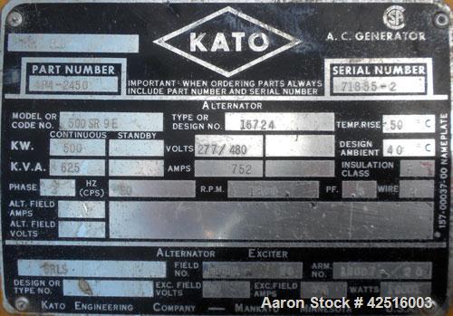 Used CAT 500 kW Diesel Generator Set. Caterpillar model D348 engine, serial #36J1341, rated 805 hp @ 1800 rpm. Generator End: Kato model 500SR9E, serial #71855-2, 3/60/277/480 volt. 791 hours.