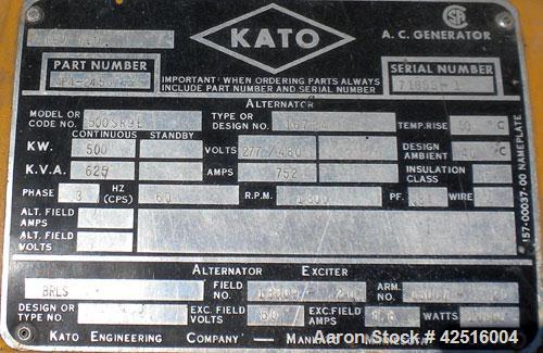 Used CAT 500 kW Diesel Generator Set. Caterpillar model D348 engine, serial #36J1381, rated 805 hp @ 1800 rpm. Generator End: Kato model 500SR9E, serial #71855-1, 3/60/277/480V. 839 hours. Year 1975.