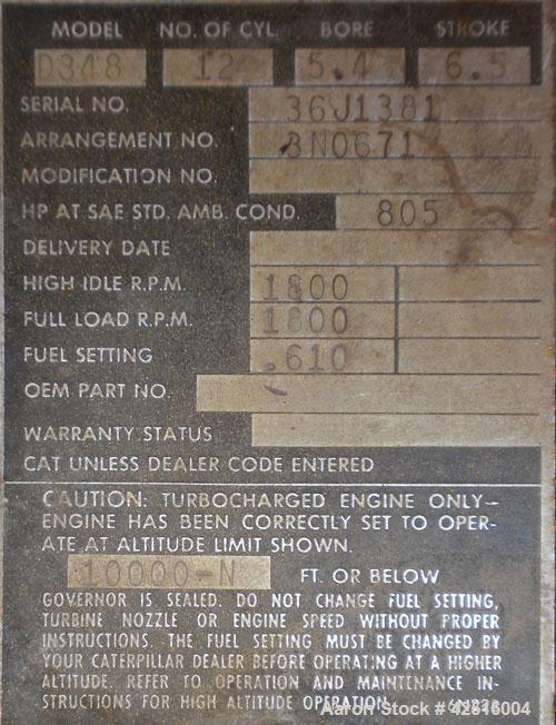 Used CAT 500 kW Diesel Generator Set. Caterpillar model D348 engine, serial #36J1381, rated 805 hp @ 1800 rpm. Generator End: Kato model 500SR9E, serial #71855-1, 3/60/277/480V. 839 hours. Year 1975.