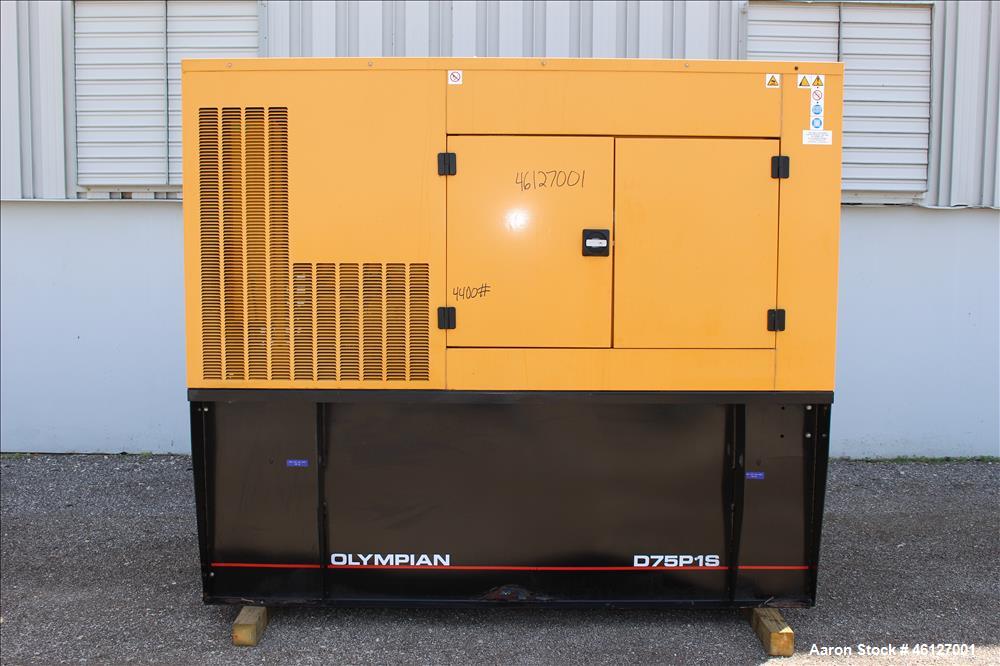 Used Caterpillar / Olympian 75 kW standby (67.5 kW prime) diesel generator set, model D75P1S, SN-OLY00000ANPS01614. Perkins engine rated 150 HP at 1800 RPM, SN-YB50852*U833984L. 3/60/120/208V reconne...