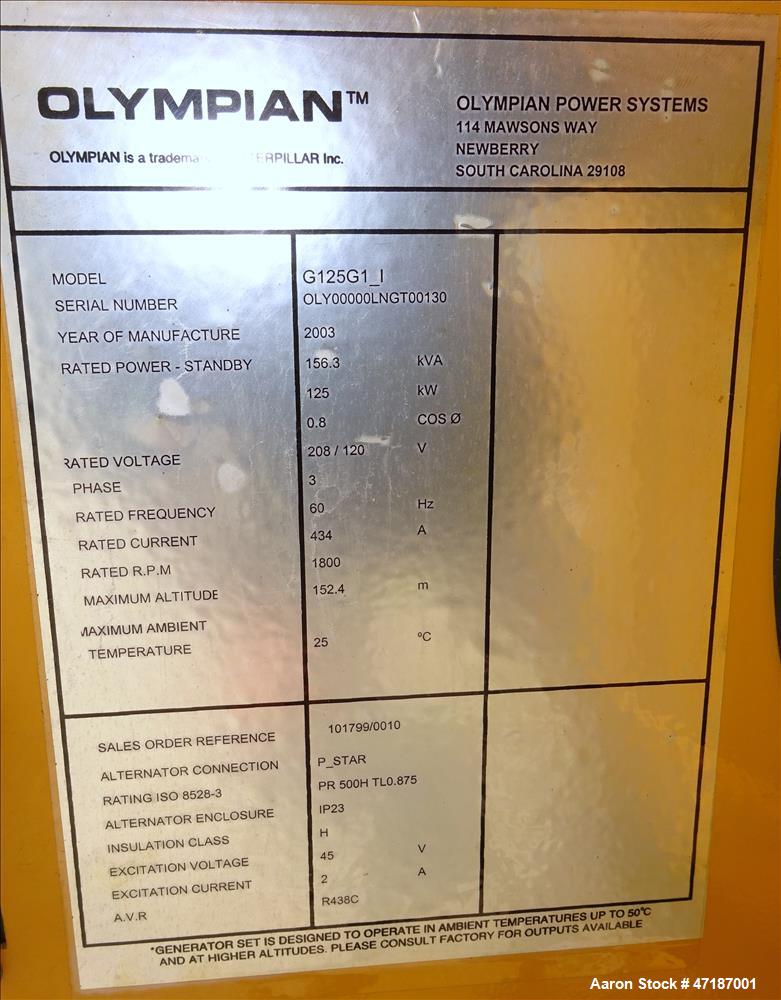 Used Caterpillar Olympian 125 kW natural gas generator model G125G1 GM 8.1L engi