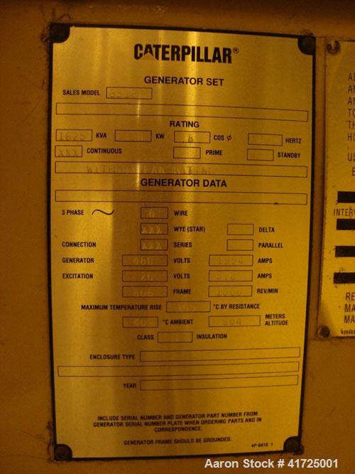 Used CAT 1300 kW cont rated natural gas generator set. CAT G3516B natural gas engine.
CAT generator end model SR4B 3/60/480V, 1800 rpm. 6027 hours. Built 1997.  Includes roof mounted muffler, existin...