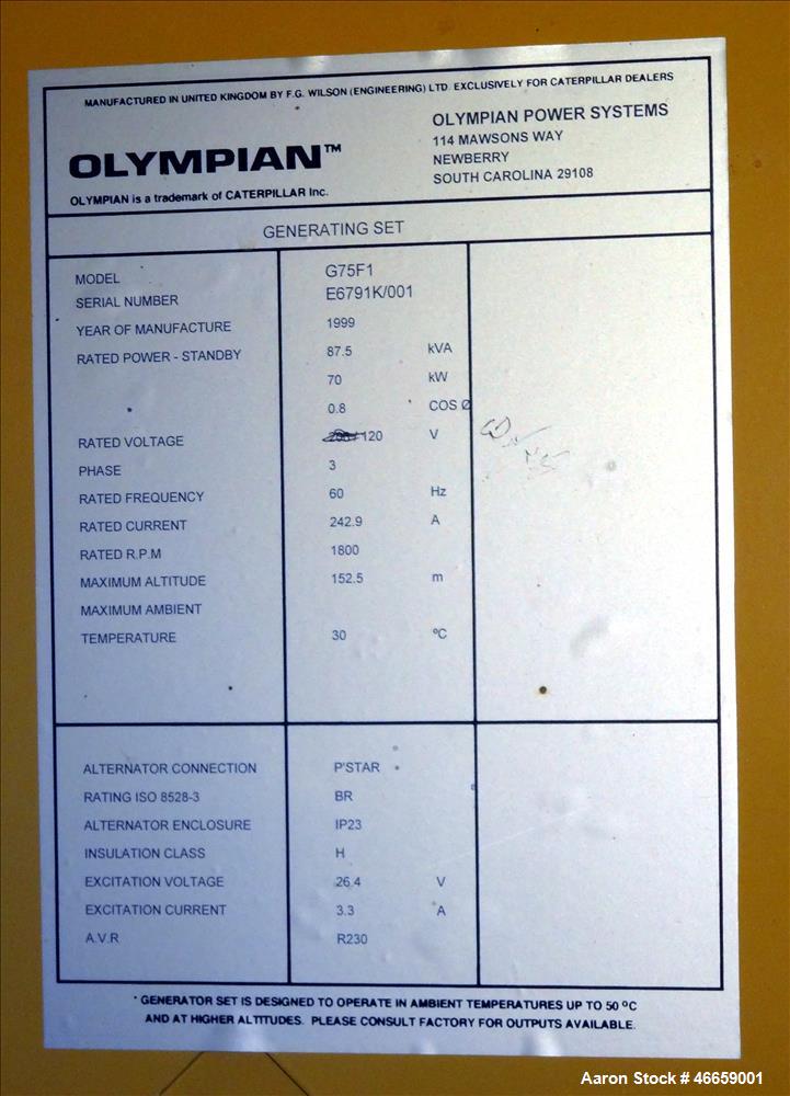 Used Caterpillar / Olympian 70 kW  natural gas generator, model G75F1