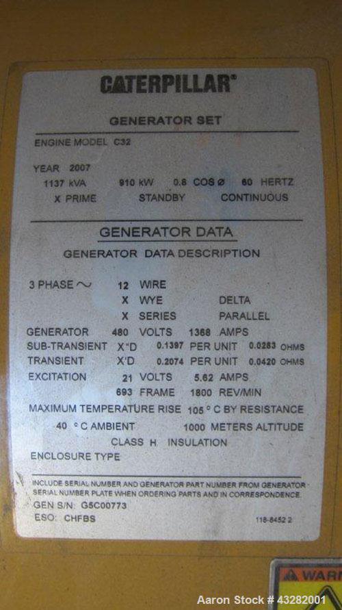 Used Caterpillar 1000kW standby (910kW prime) portable diesel generator set. CAT model C32 engine rated 1372 hp @ 1800 rpm, serial #SYC01134, EPA tier II. 3/60/480V 12 lead reconnectable generator mo...