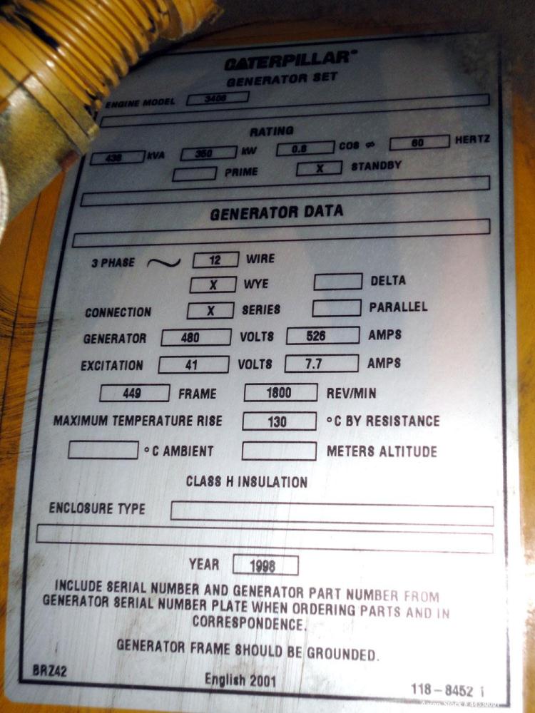 Used Caterpillar 350 kW Standby Diesel Generator Set, CAT 3406 engine rated 519 hp @ 1800 rpm, serial #4ZR04681. 3/60/277/480V, 12 lead reconnectable. EMCP II digital control panel. 600 Amp mainline ...