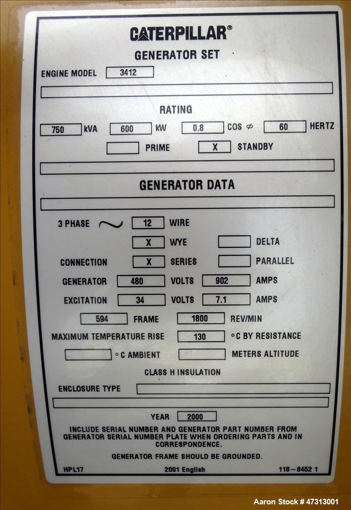 Used Caterpillar 600 kW diesel generator. CAT 3412 engine