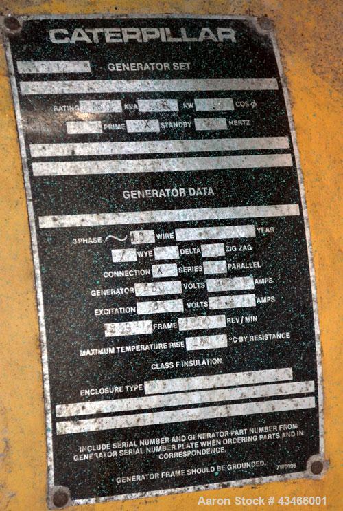 Used Caterpillar 600 kW diesel generator set. CAT model 3412 engine rated 890 HP @ 1800 RPM, SN-81Z07706. 3/60/480V. Gen end model SR4. SN-SFA04917. 1000 Amp main-line circuit breaker. Weather enclos...